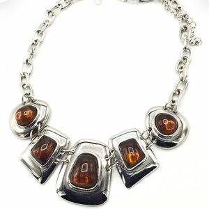 Lia Sophia, The Kiam Family, Silver Tone Chunky Amber Lucite Cabochon Necklace